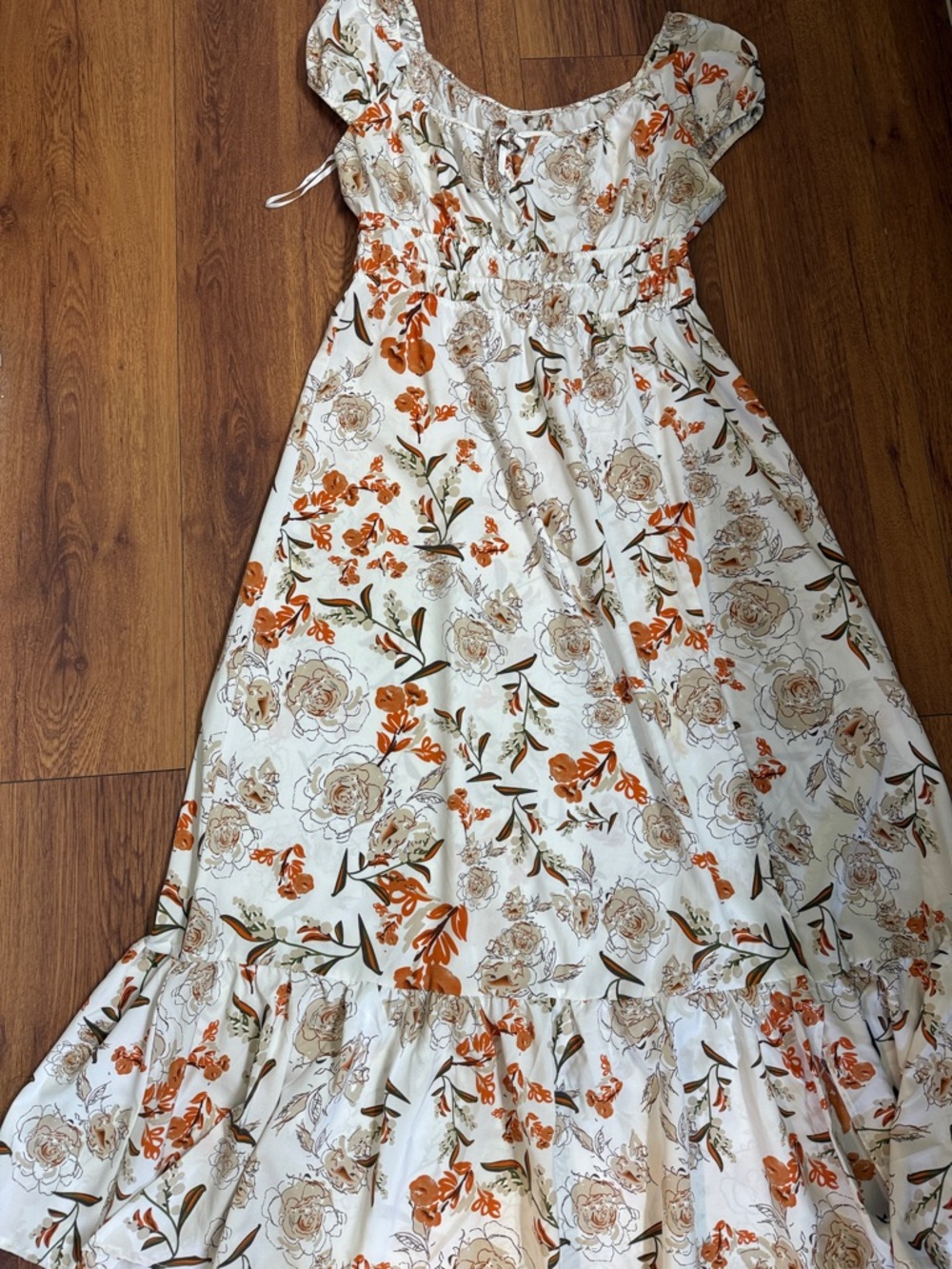 White Floral Strapless Maxi Dress with Rust Accents